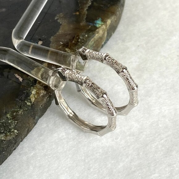 Sterling Silver 925 DBJ Bamboo Style Single Diamond Hoop Earrings MISSING STONE - Picture 3 of 16